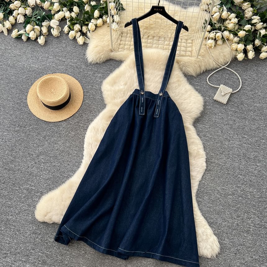 Denim Suspender Maxi A-Line Skirt