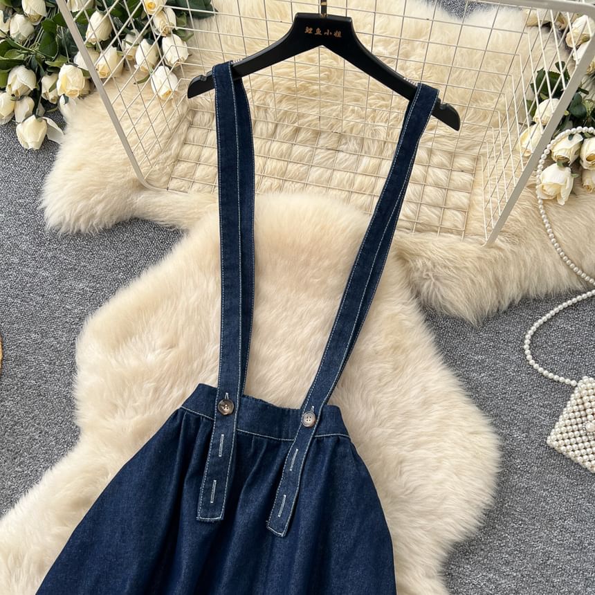 Denim Suspender Maxi A-Line Skirt