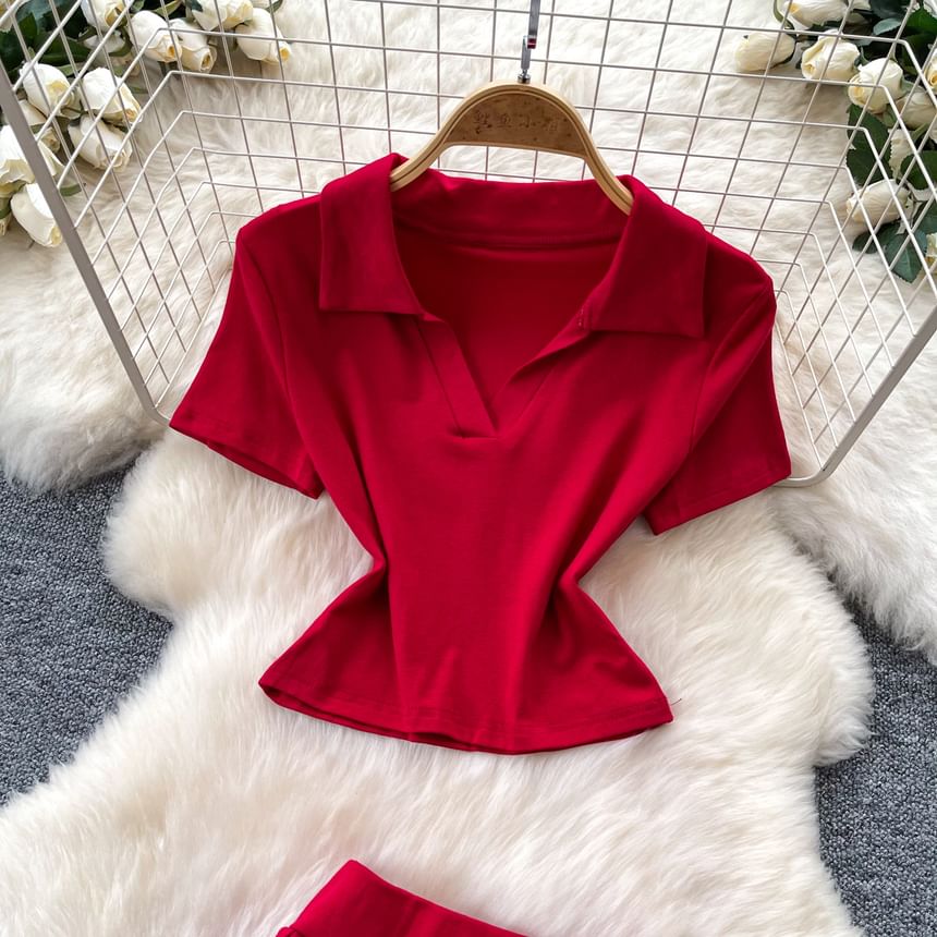 Set: Short-Sleeve V-Neck Plain Crop Polo Shirt + Mid Rise Mini Pleated Skirt