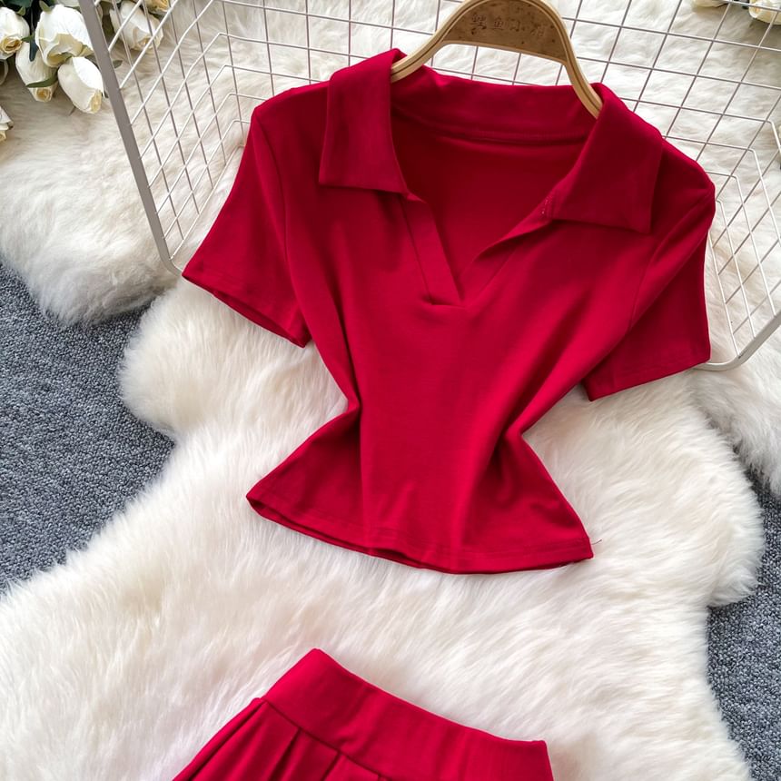 Set: Short-Sleeve V-Neck Plain Crop Polo Shirt + Mid Rise Mini Pleated Skirt