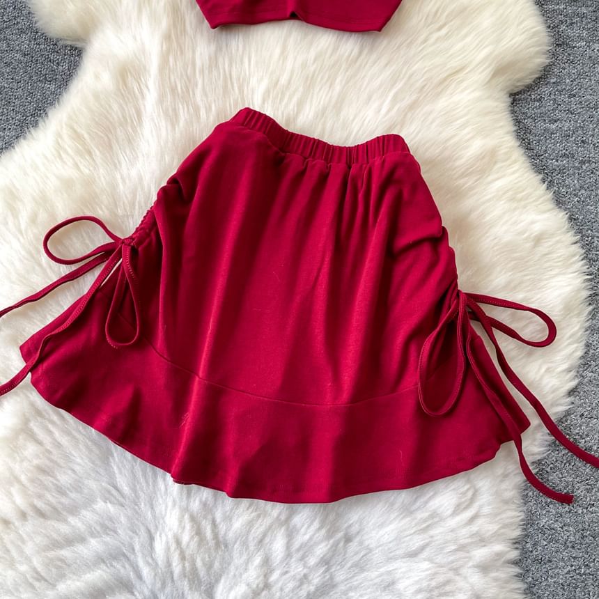 Set: Short-Sleeve Cold Shoulder Plain Ruched Crop T-Shirt + Elastic Waist Plain Mini A-Line Skirt