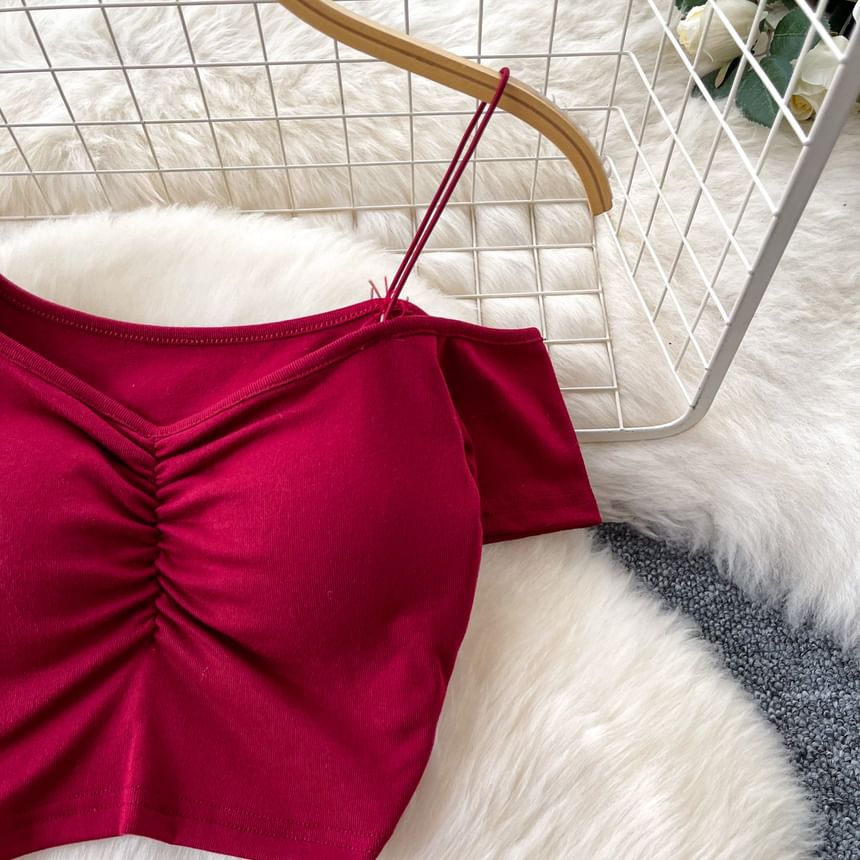 Set: Short-Sleeve Cold Shoulder Plain Ruched Crop T-Shirt + Elastic Waist Plain Mini A-Line Skirt