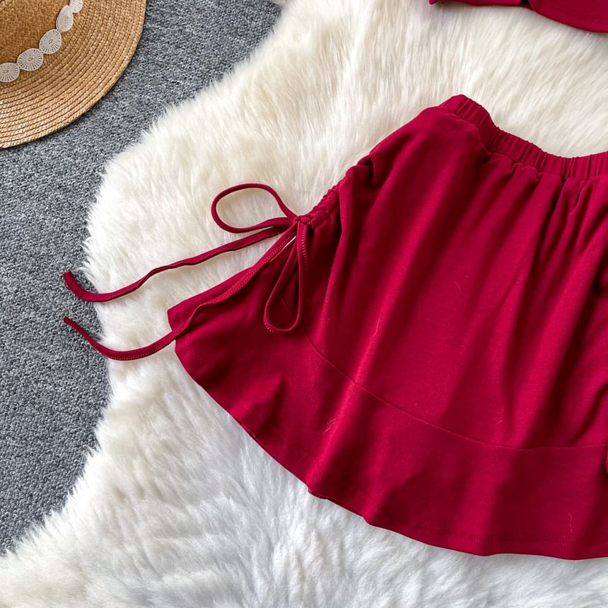 Set: Short-Sleeve Cold Shoulder Plain Ruched Crop T-Shirt + Elastic Waist Plain Mini A-Line Skirt