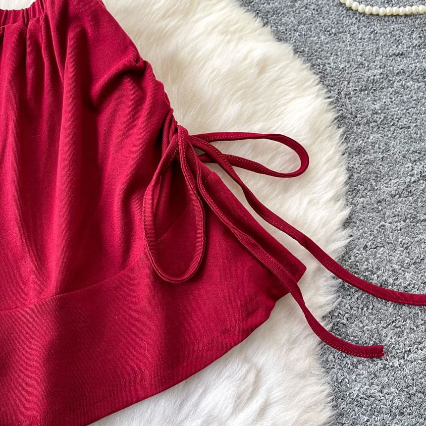 Set: Short-Sleeve Cold Shoulder Plain Ruched Crop T-Shirt + Elastic Waist Plain Mini A-Line Skirt