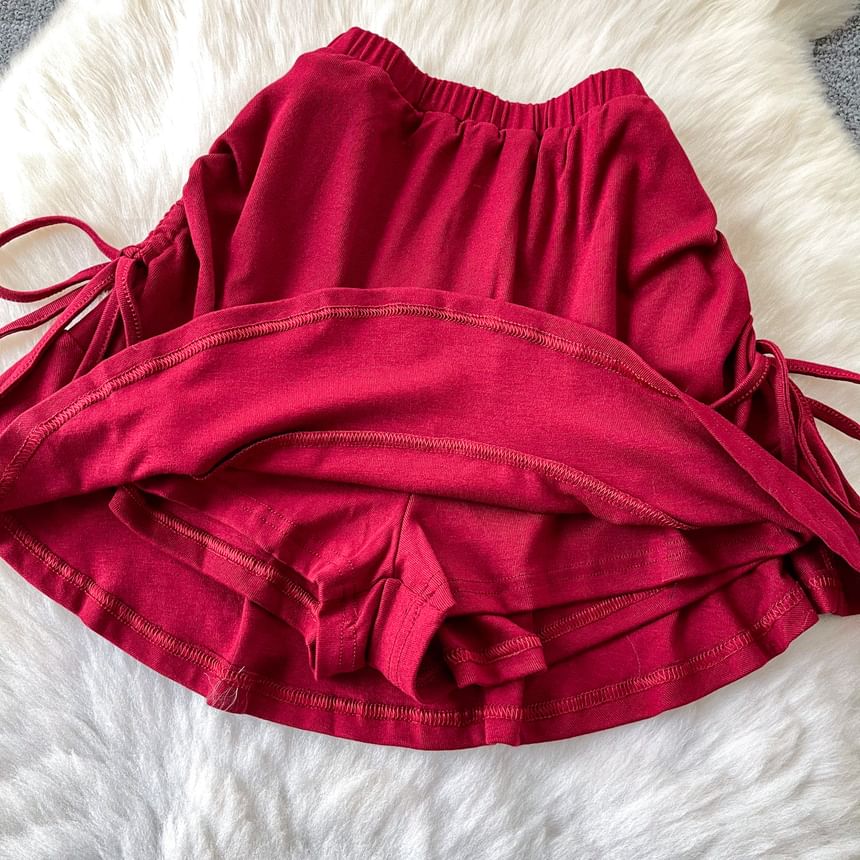Set: Short-Sleeve Cold Shoulder Plain Ruched Crop T-Shirt + Elastic Waist Plain Mini A-Line Skirt