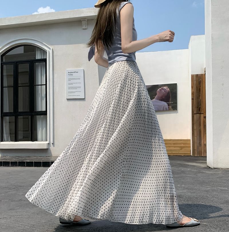 High Waist Polka Dot Accordion Pleated Maxi A-Line Skirt
