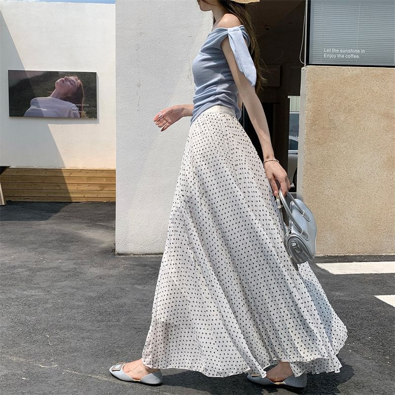 High Waist Polka Dot Accordion Pleated Maxi A-Line Skirt