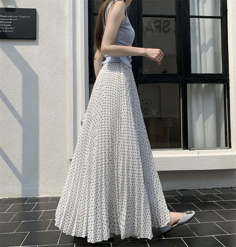 High Waist Polka Dot Accordion Pleated Maxi A-Line Skirt