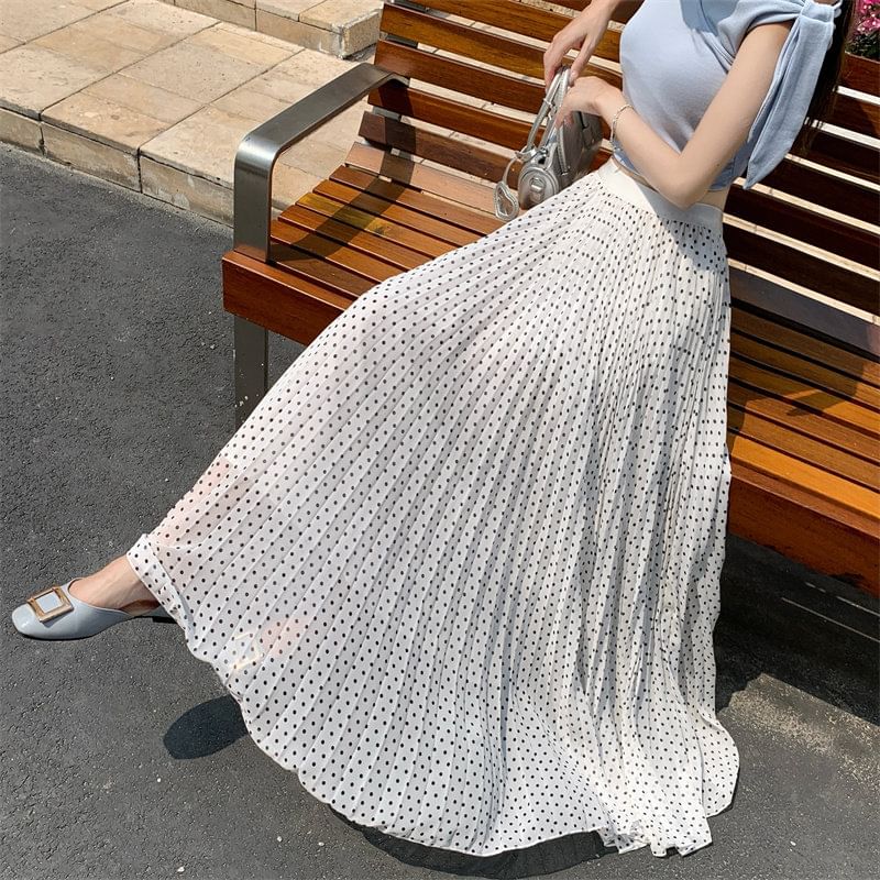 High Waist Polka Dot Accordion Pleated Maxi A-Line Skirt