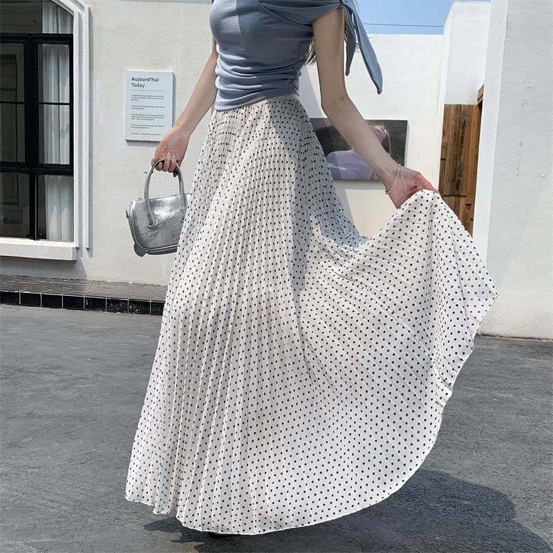 High Waist Polka Dot Accordion Pleated Maxi A-Line Skirt