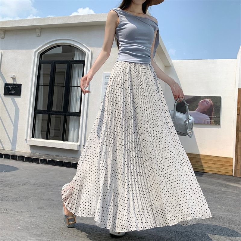 High Waist Polka Dot Accordion Pleated Maxi A-Line Skirt