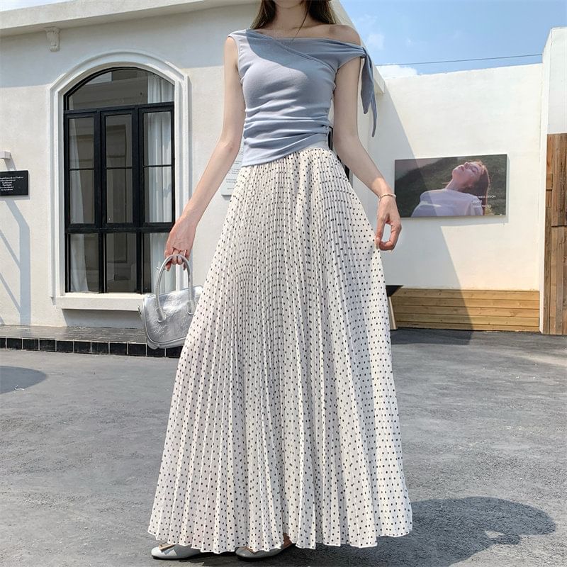 High Waist Polka Dot Accordion Pleated Maxi A-Line Skirt