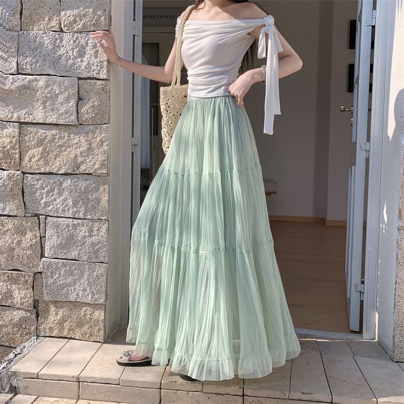 High Waist Plain Crinkle Mesh Maxi A-Line Skirt