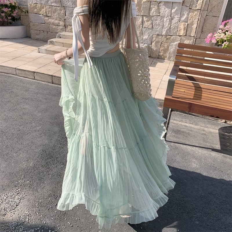 High Waist Plain Crinkle Mesh Maxi A-Line Skirt