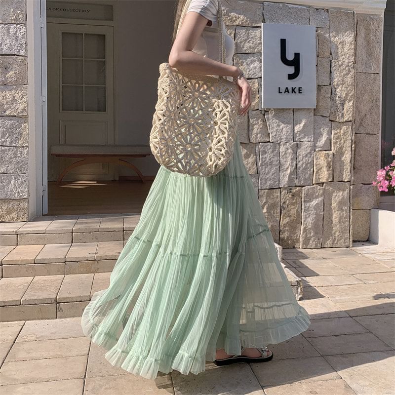 High Waist Plain Crinkle Mesh Maxi A-Line Skirt