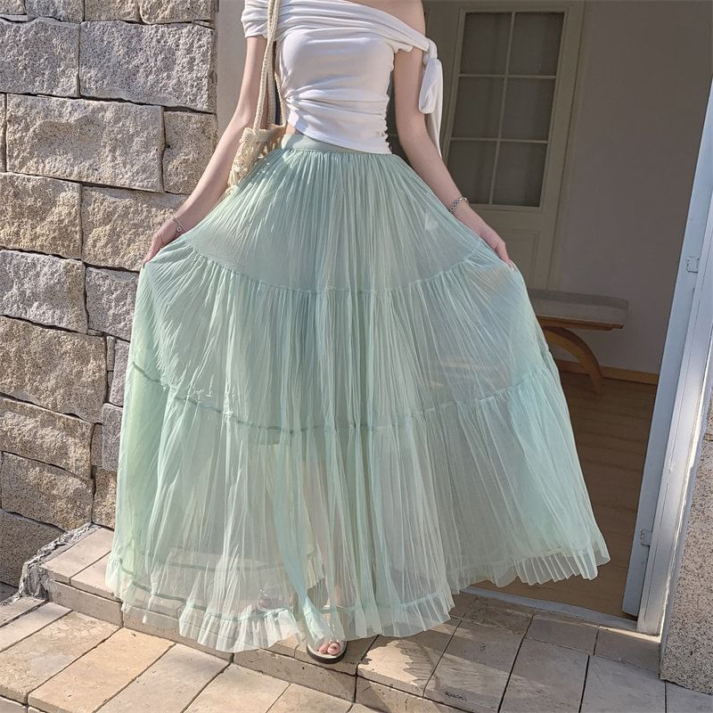 High Waist Plain Crinkle Mesh Maxi A-Line Skirt