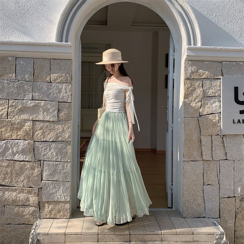 High Waist Plain Crinkle Mesh Maxi A-Line Skirt