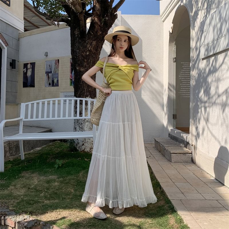 High Waist Plain Crinkle Mesh Maxi A-Line Skirt