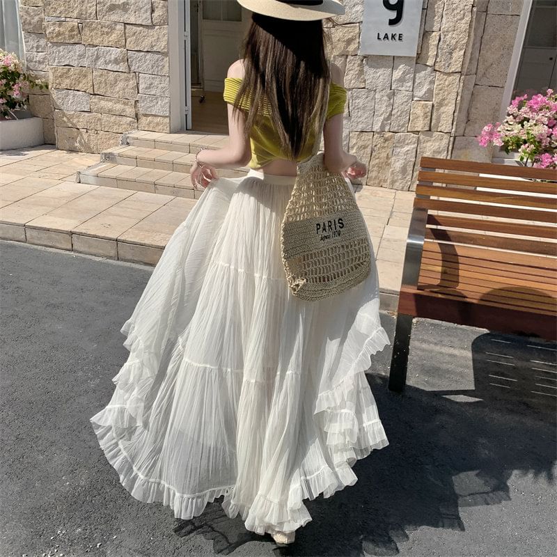 High Waist Plain Crinkle Mesh Maxi A-Line Skirt