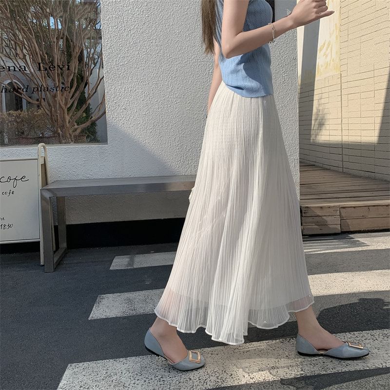 High Waist Plain Accordion Pleated Mesh Midi A-Line Skirt