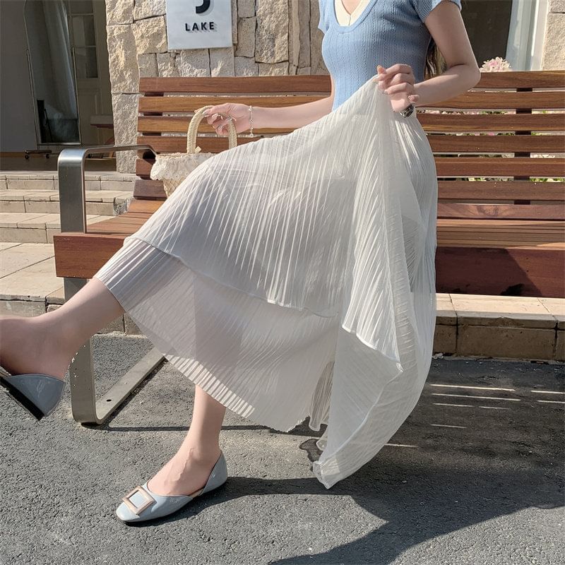 High Waist Plain Accordion Pleated Mesh Midi A-Line Skirt
