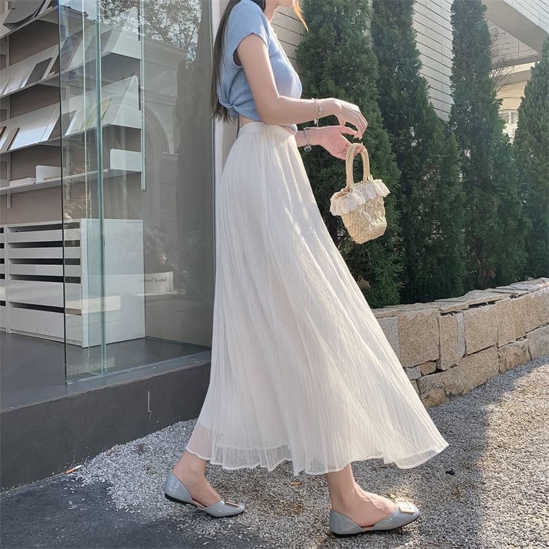 High Waist Plain Accordion Pleated Mesh Midi A-Line Skirt