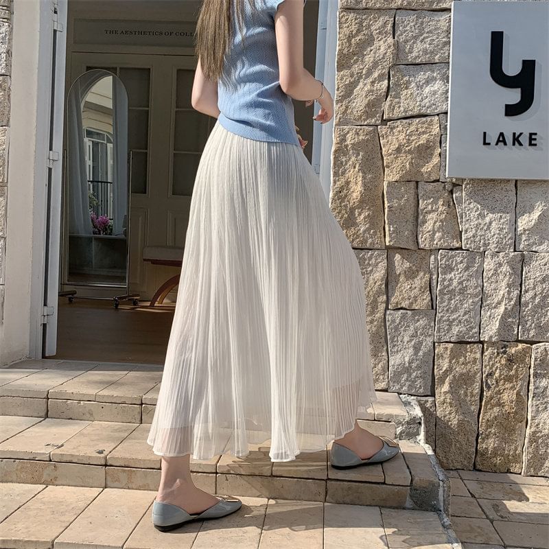 High Waist Plain Accordion Pleated Mesh Midi A-Line Skirt
