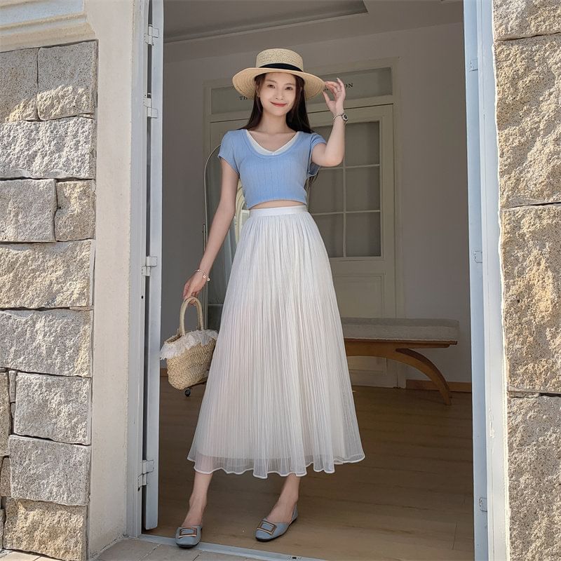 High Waist Plain Accordion Pleated Mesh Midi A-Line Skirt
