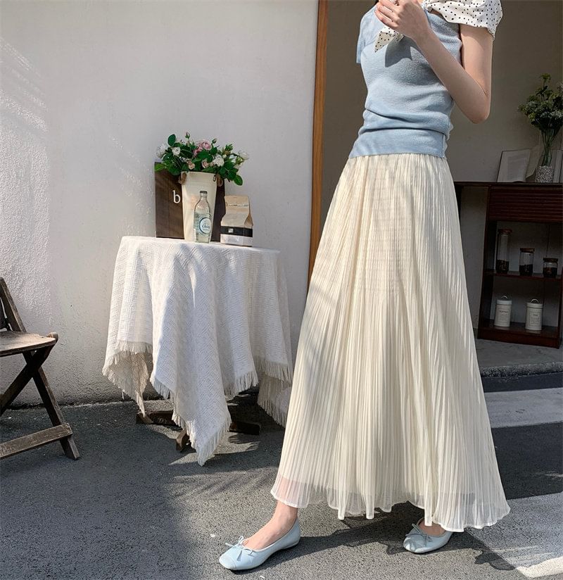 High Waist Plain Accordion Pleated Mesh Midi A-Line Skirt