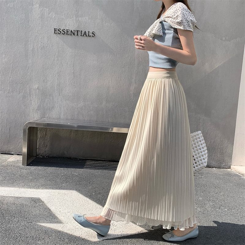 High Waist Plain Accordion Pleated Mesh Midi A-Line Skirt
