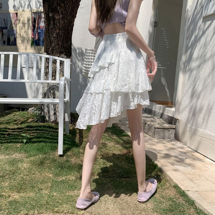 High Waist Asymmetrical Ruffle Trim Lace A-Line Skirt