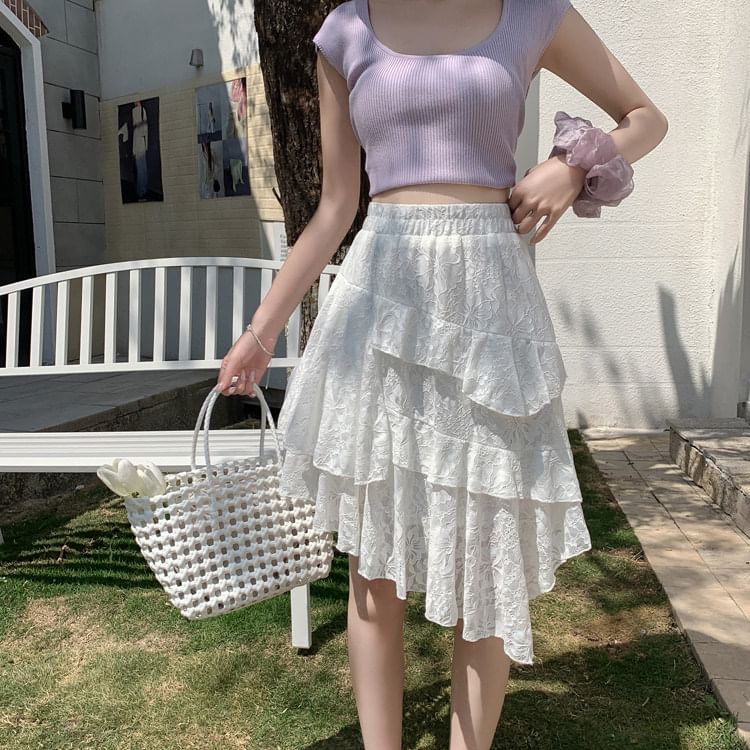 High Waist Asymmetrical Ruffle Trim Lace A-Line Skirt
