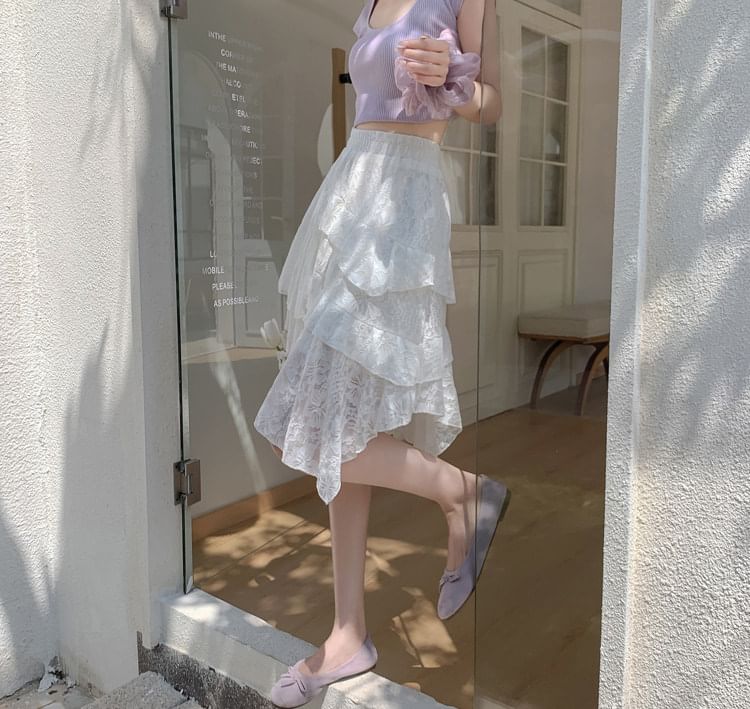 High Waist Asymmetrical Ruffle Trim Lace A-Line Skirt