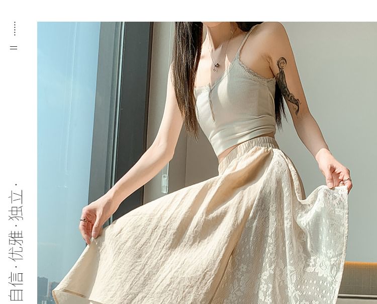 Mock Two-Piece High Waist Asymmetrical Lace Panel Maxi A-Line Skirt