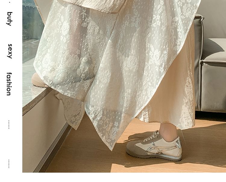 Mock Two-Piece High Waist Asymmetrical Lace Panel Maxi A-Line Skirt