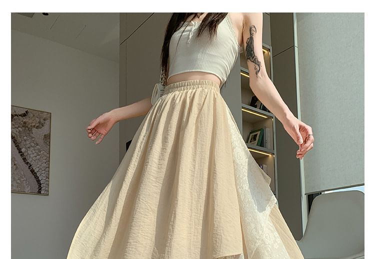 Mock Two-Piece High Waist Asymmetrical Lace Panel Maxi A-Line Skirt