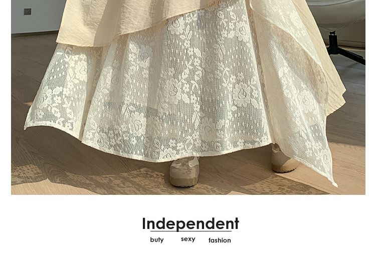Mock Two-Piece High Waist Asymmetrical Lace Panel Maxi A-Line Skirt