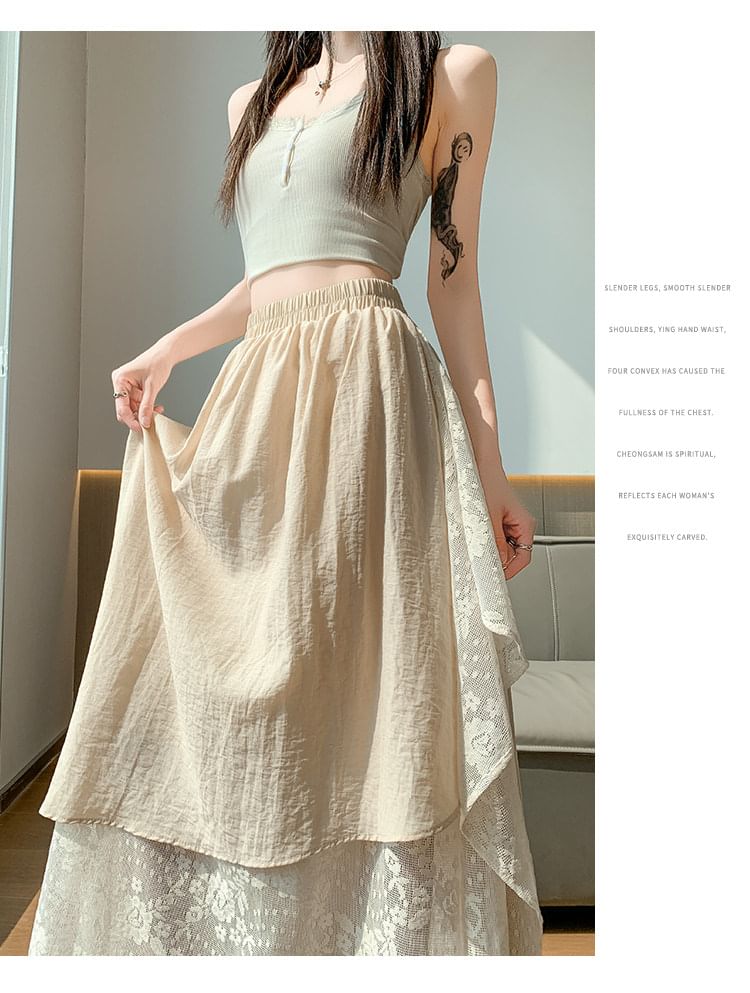 Mock Two-Piece High Waist Asymmetrical Lace Panel Maxi A-Line Skirt