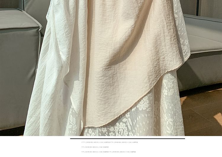 Mock Two-Piece High Waist Asymmetrical Lace Panel Maxi A-Line Skirt