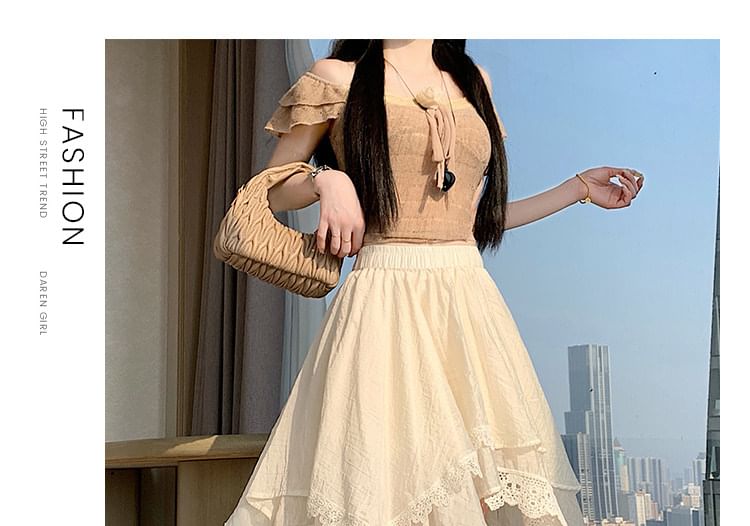 High Waist Asymmetrical Lace Panel Layered A-Line Skirt