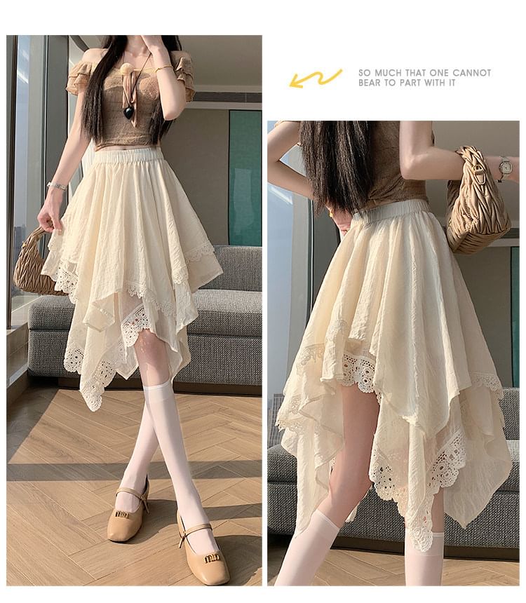 High Waist Asymmetrical Lace Panel Layered A-Line Skirt