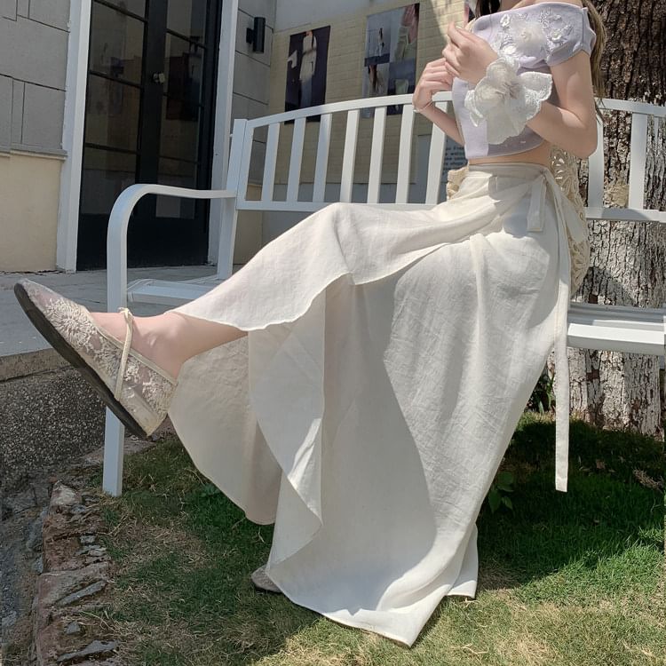 High Waist Plain Maxi A-Line Wrap Skirt