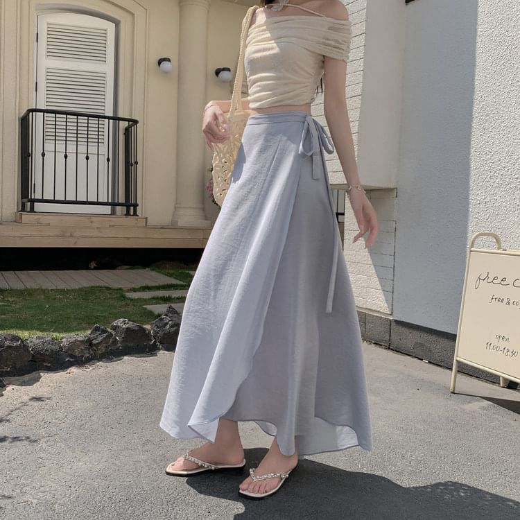 High Waist Plain Maxi A-Line Wrap Skirt