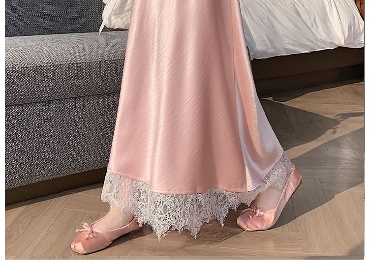High Waist Lace Panel Satin Maxi A-Line Skirt