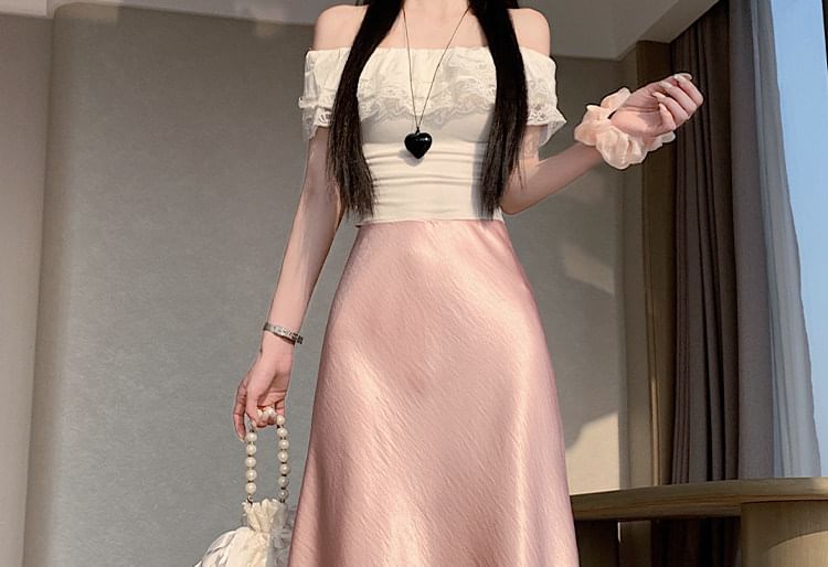 High Waist Lace Panel Satin Maxi A-Line Skirt