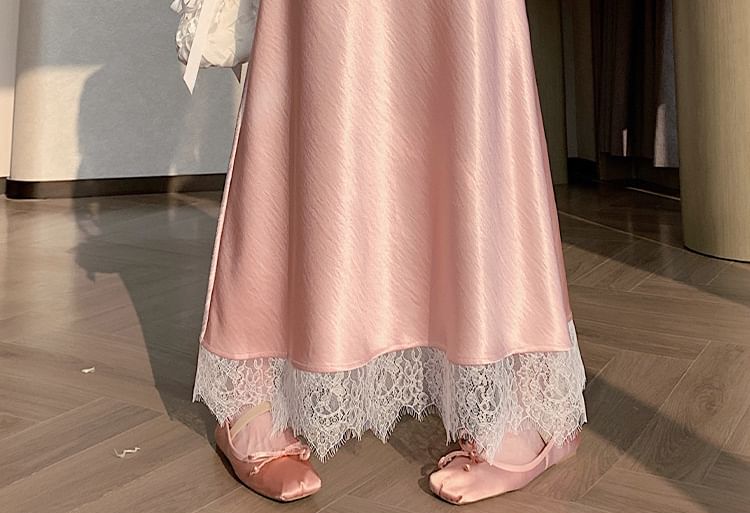 High Waist Lace Panel Satin Maxi A-Line Skirt