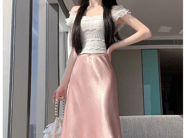 High Waist Lace Panel Satin Maxi A-Line Skirt