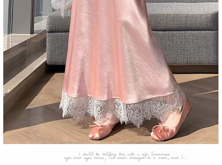 High Waist Lace Panel Satin Maxi A-Line Skirt
