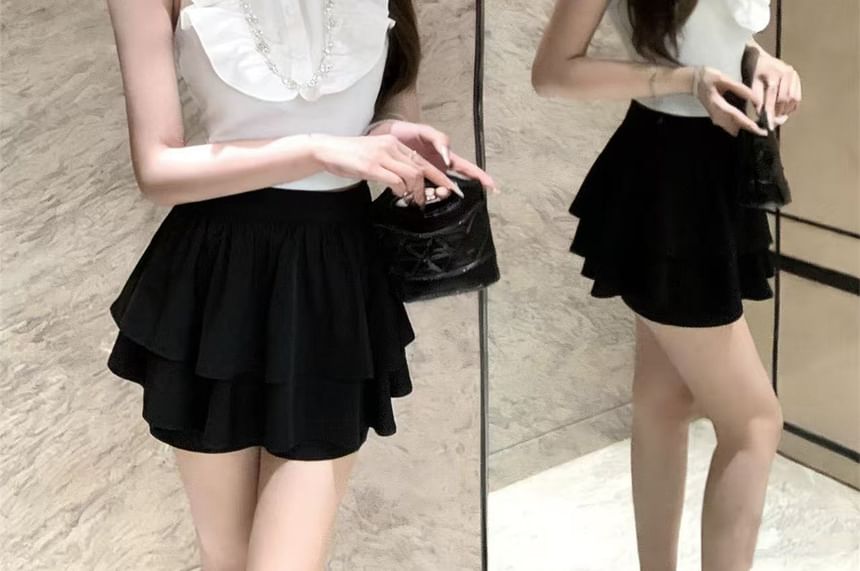 Sleeveless Collared Embellished Ruffle Trim Blouse / High Waist Plain Layered Mini A-Line Skirt