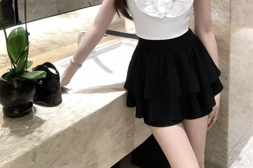 Sleeveless Collared Embellished Ruffle Trim Blouse / High Waist Plain Layered Mini A-Line Skirt